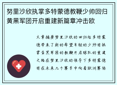 努里沙欣执掌多特蒙德教鞭少帅回归黄黑军团开启重建新篇章冲击欧
